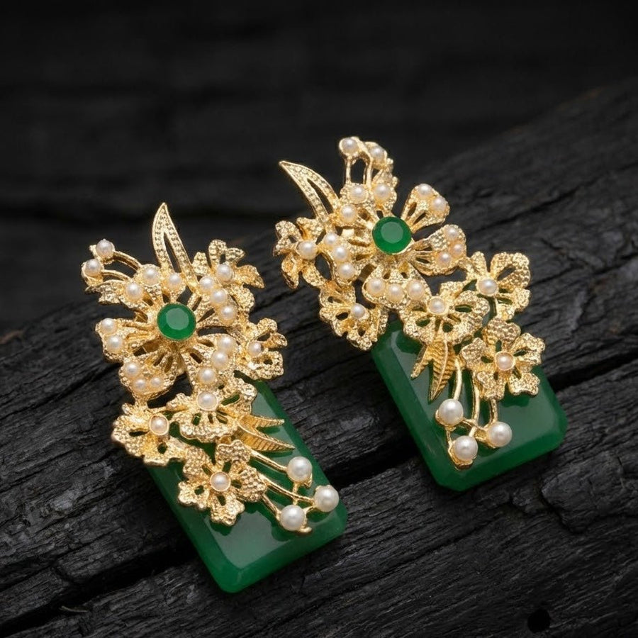 Hand Crafted Blossom Earrings - Gold Plated Semi Precious Stone - Pehnaawaa