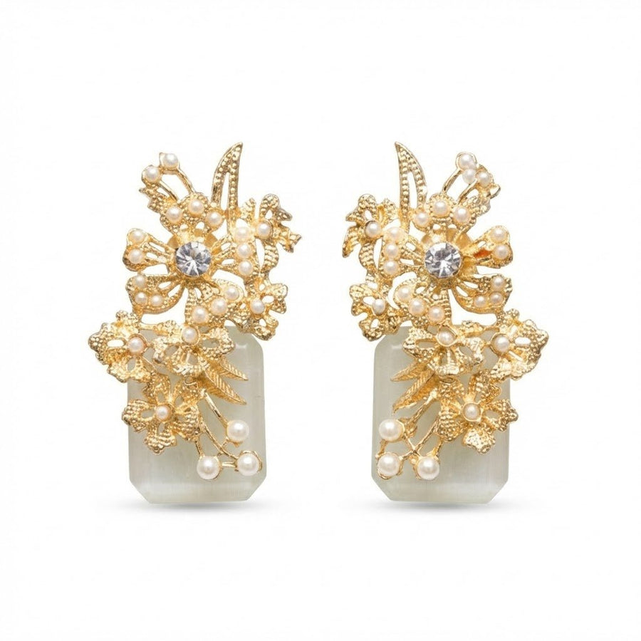 Hand Crafted Blossom Earrings - Gold Plated Semi Precious Stone - Pehnaawaa