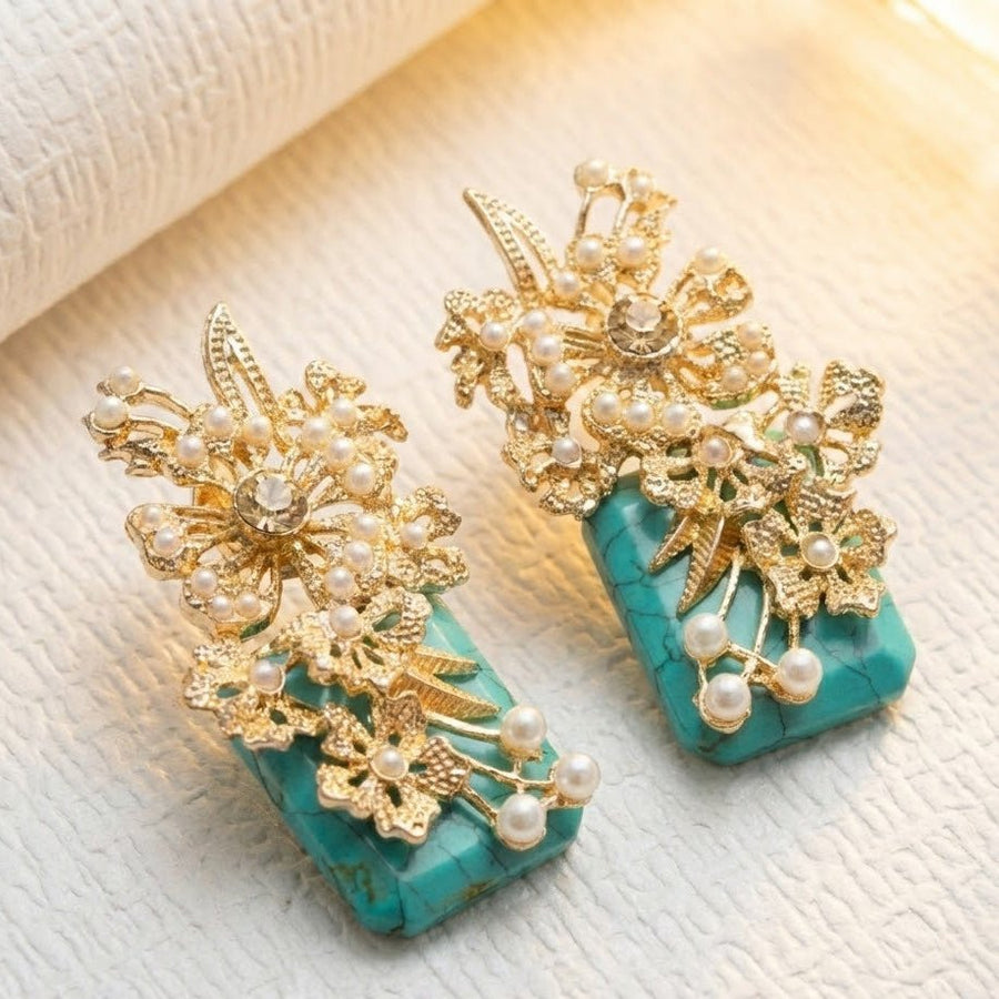 Hand Crafted Blossom Earrings - Gold Plated Semi Precious Stone - Pehnaawaa