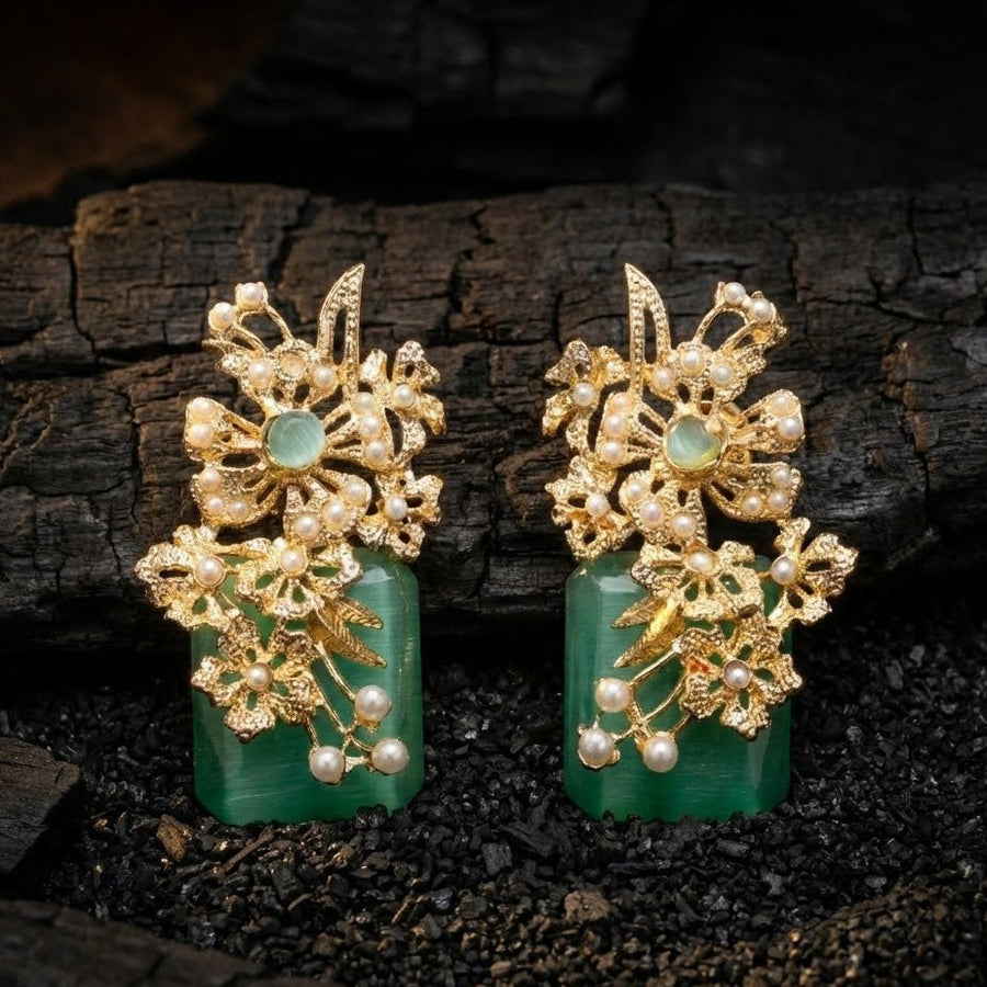 Hand Crafted Blossom Earrings - Gold Plated Semi Precious Stone - Pehnaawaa