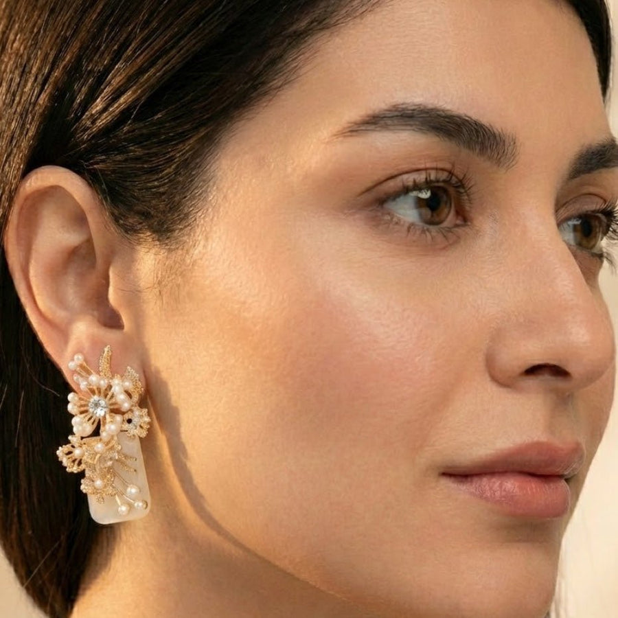 Hand Crafted Blossom Earrings - Gold Plated Semi Precious Stone - Pehnaawaa