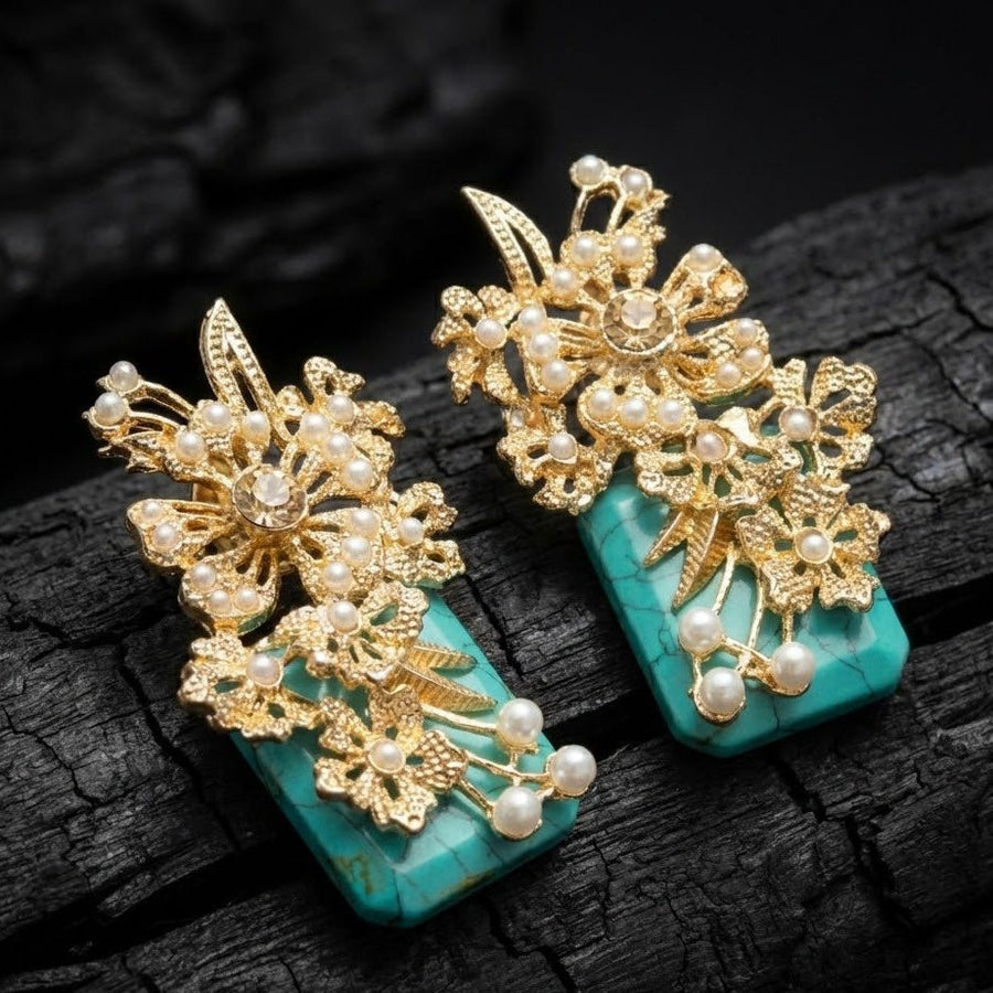 Hand Crafted Blossom Earrings - Gold Plated Semi Precious Stone - Pehnaawaa