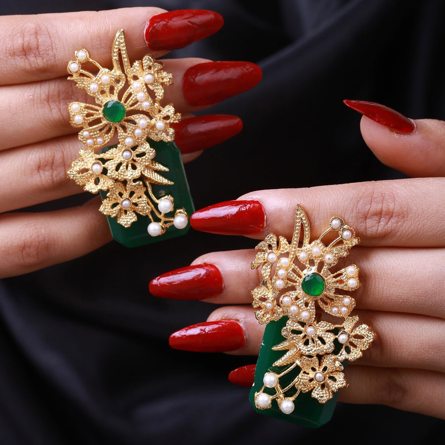 Hand Crafted Blossom Earrings - Gold Plated Semi Precious Stone - Pehnaawaa