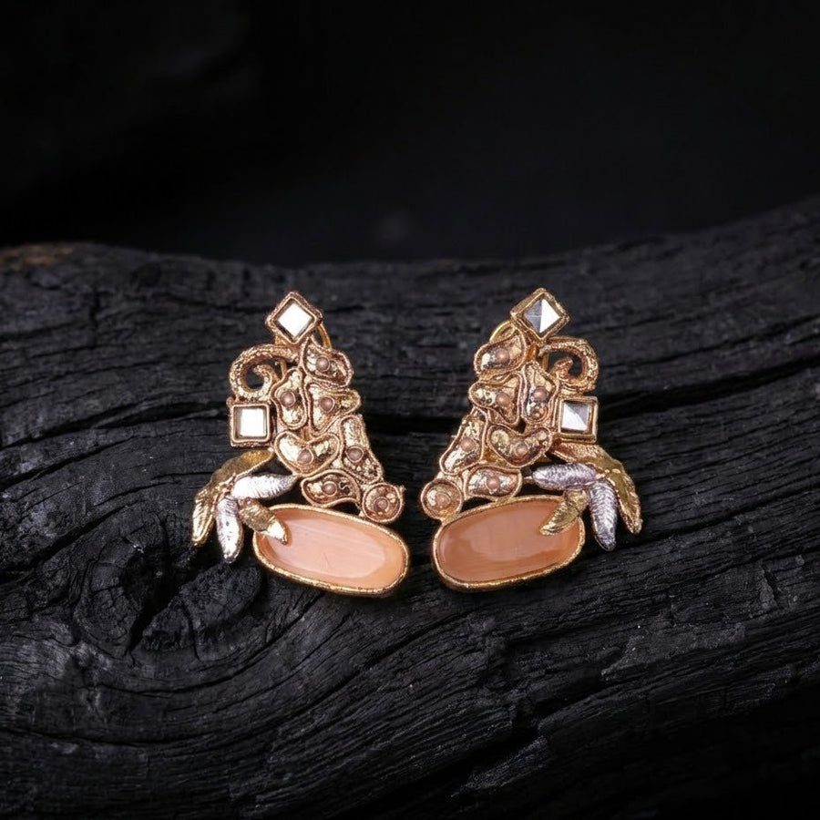 Hand Crafted Gold Plated Jhumka Earrings - Premium Stone Work - Pehnaawaa
