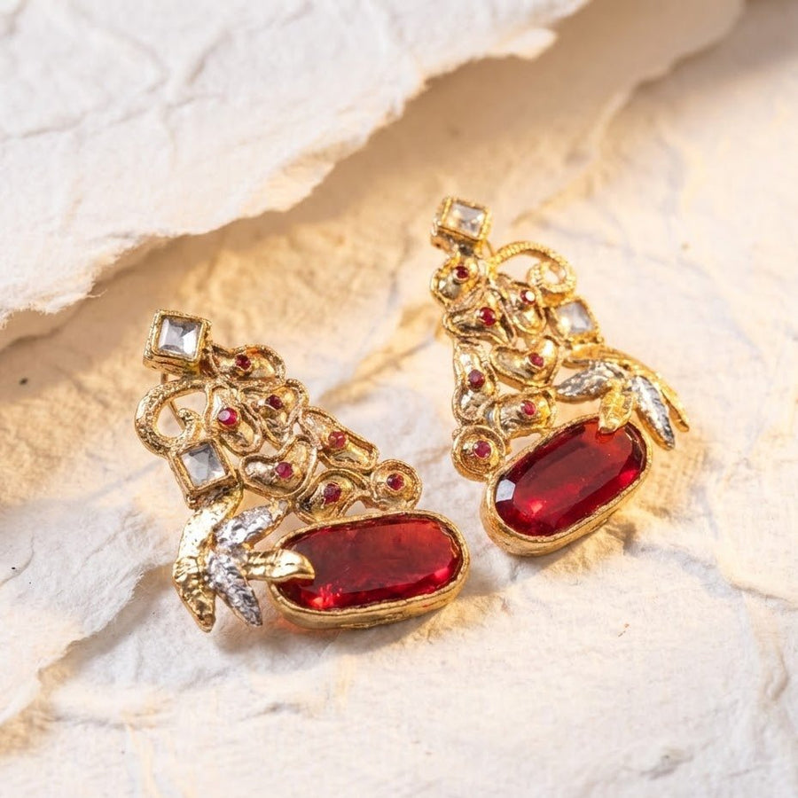 Hand Crafted Gold Plated Jhumka Earrings - Premium Stone Work - Pehnaawaa