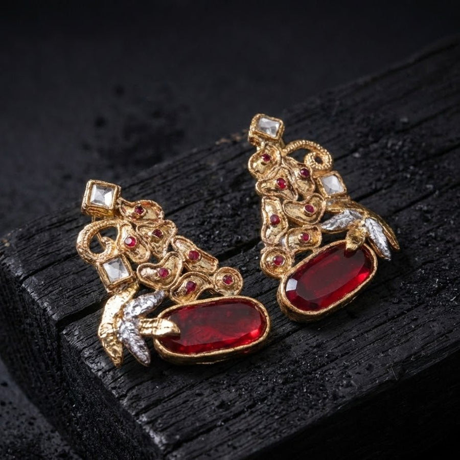 Hand Crafted Gold Plated Jhumka Earrings - Premium Stone Work - Pehnaawaa