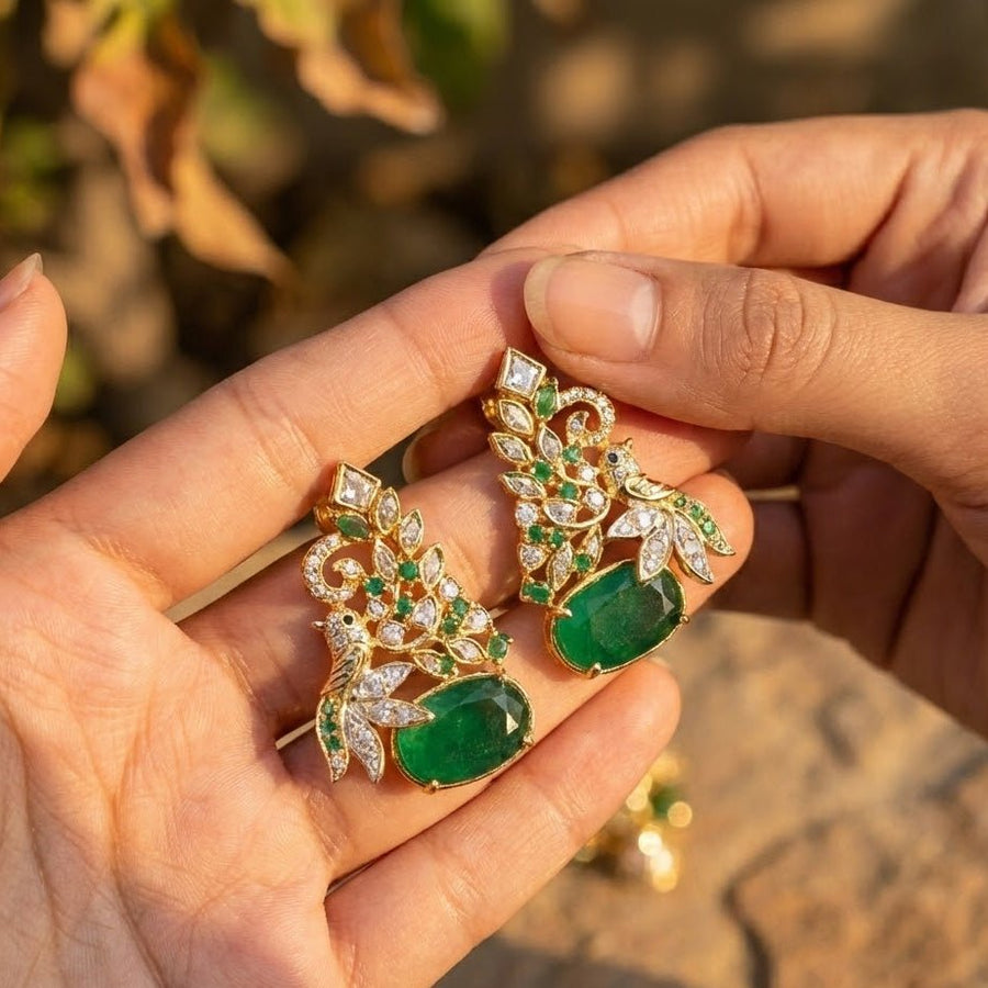 Hand Crafted Gold Plated Jhumka Earrings - Premium Stone Work - Pehnaawaa