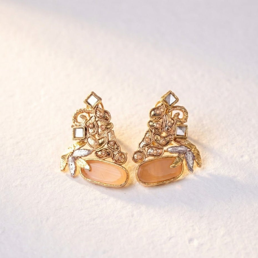 Hand Crafted Gold Plated Jhumka Earrings - Premium Stone Work - Pehnaawaa
