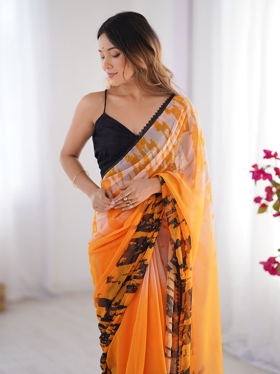 Orange & Black Printed Chiffon Saree With Blouse Piece - Pehnaawaa