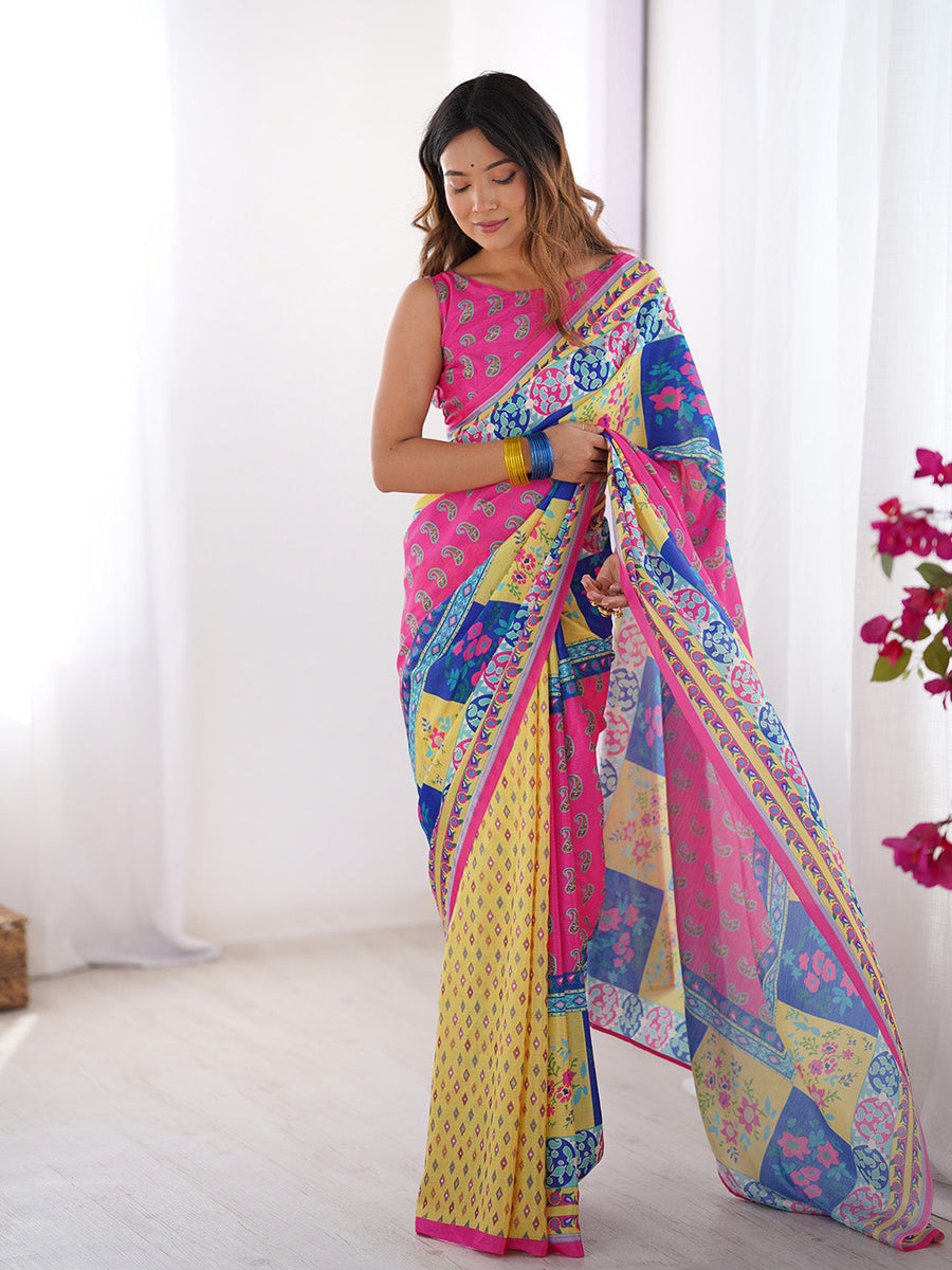 Multicolor Printed Chiffon Saree With Blouse Piece - Pehnaawaa