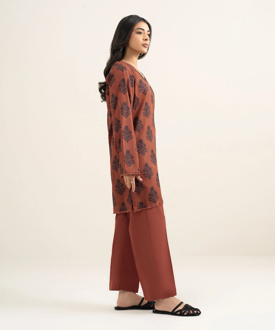 Rust Brown Printed Lawn Straight Shirt - Pehnaawaa