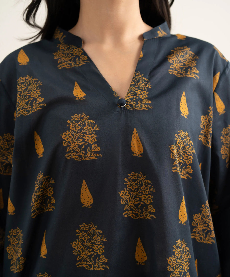 Black Printed Lawn Straight Shirt - Pehnaawaa