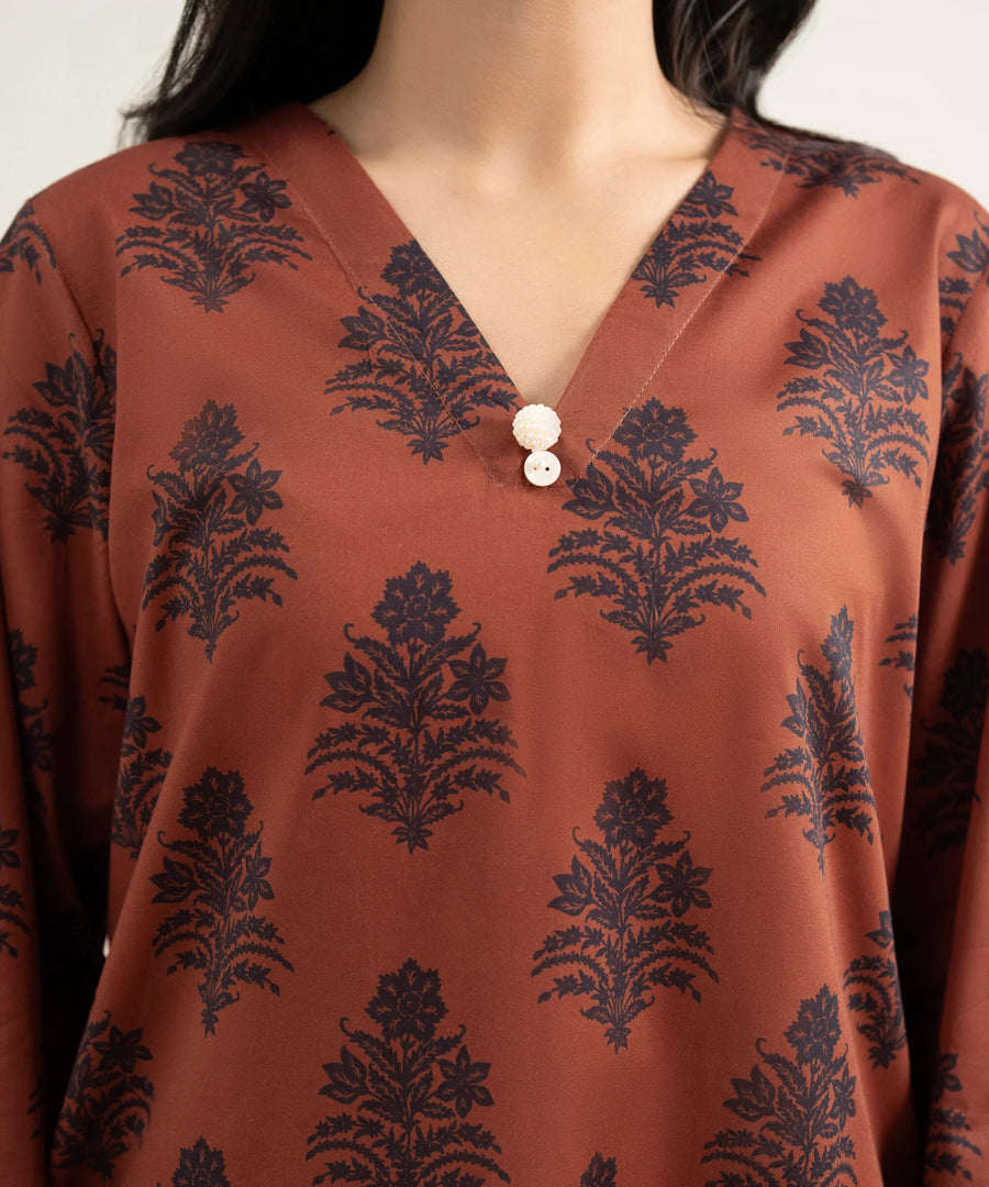 Rust Brown Printed Lawn Straight Shirt - Pehnaawaa
