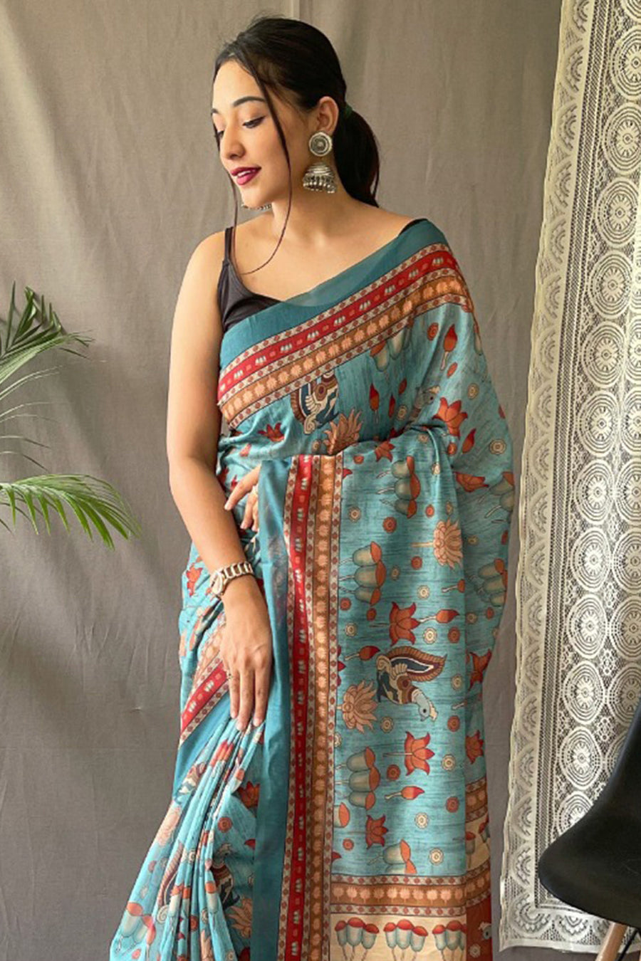 Cornflower Blue Kalamkari Saree - Pehnaawaa