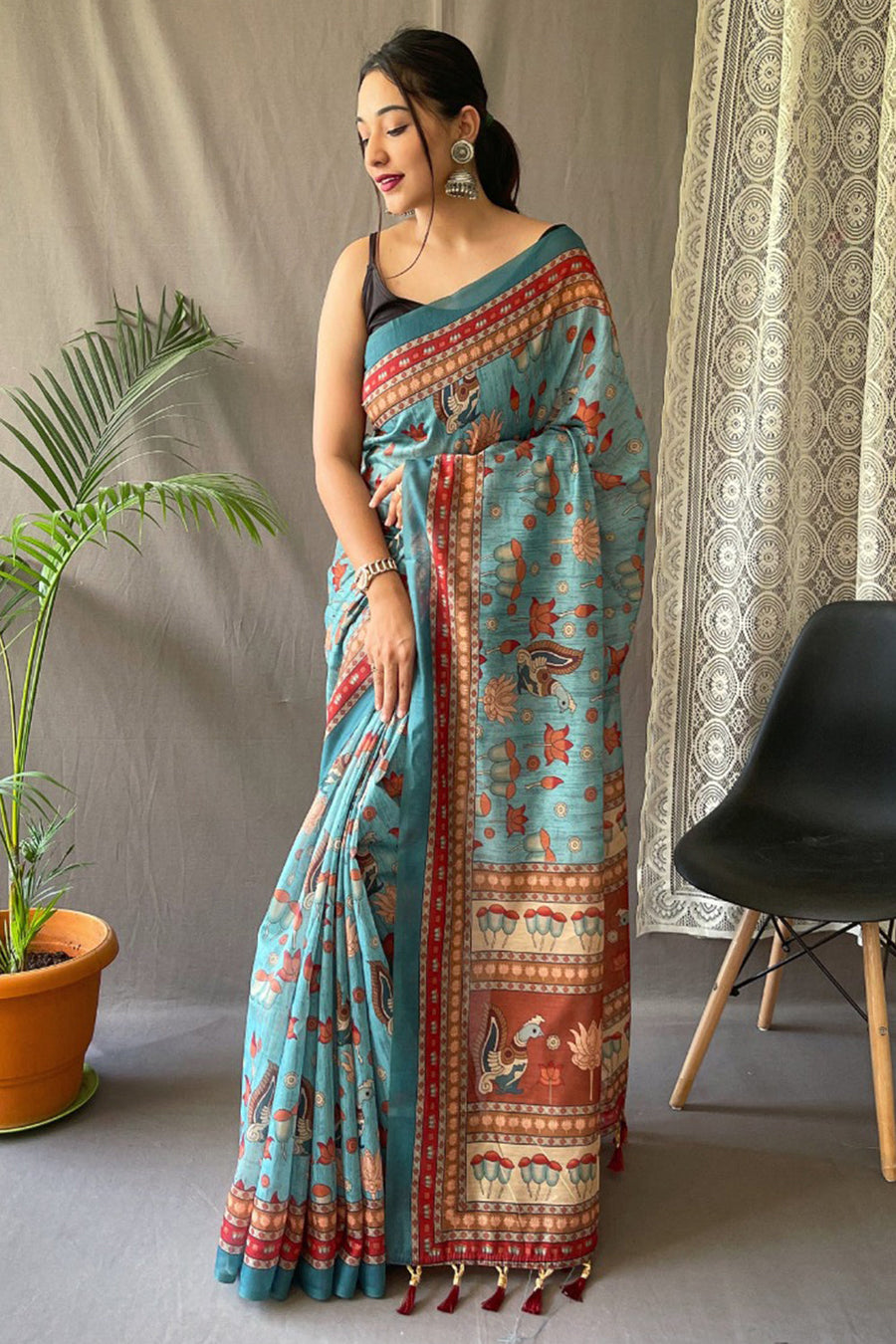 Cornflower Blue Kalamkari Saree - Pehnaawaa