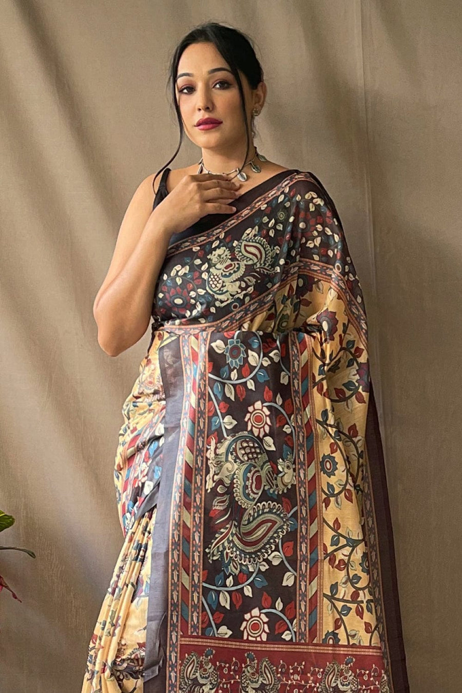 Yellow & Black Kalamkari Saree With Blouse Piece - Pehnaawaa