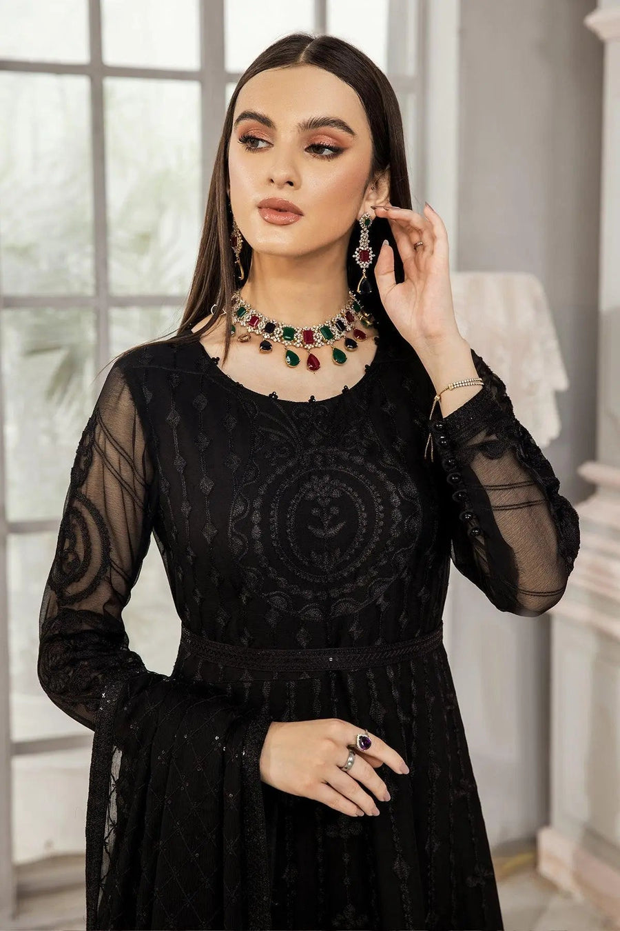 Koyal Black Embroidered Chiffon Anarkali Suit with Dupatta | Stitched & Unstitched