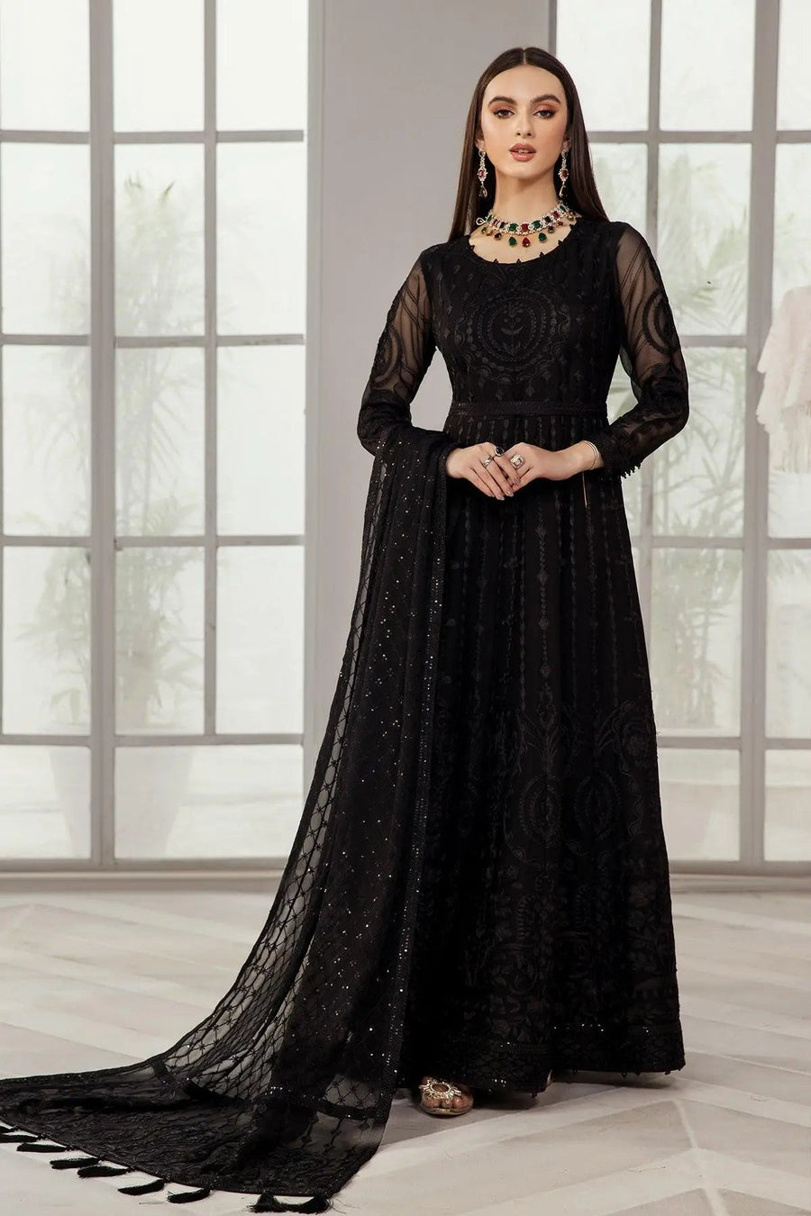 Koyal Black Embroidered Chiffon Anarkali Suit with Dupatta | Stitched & Unstitched