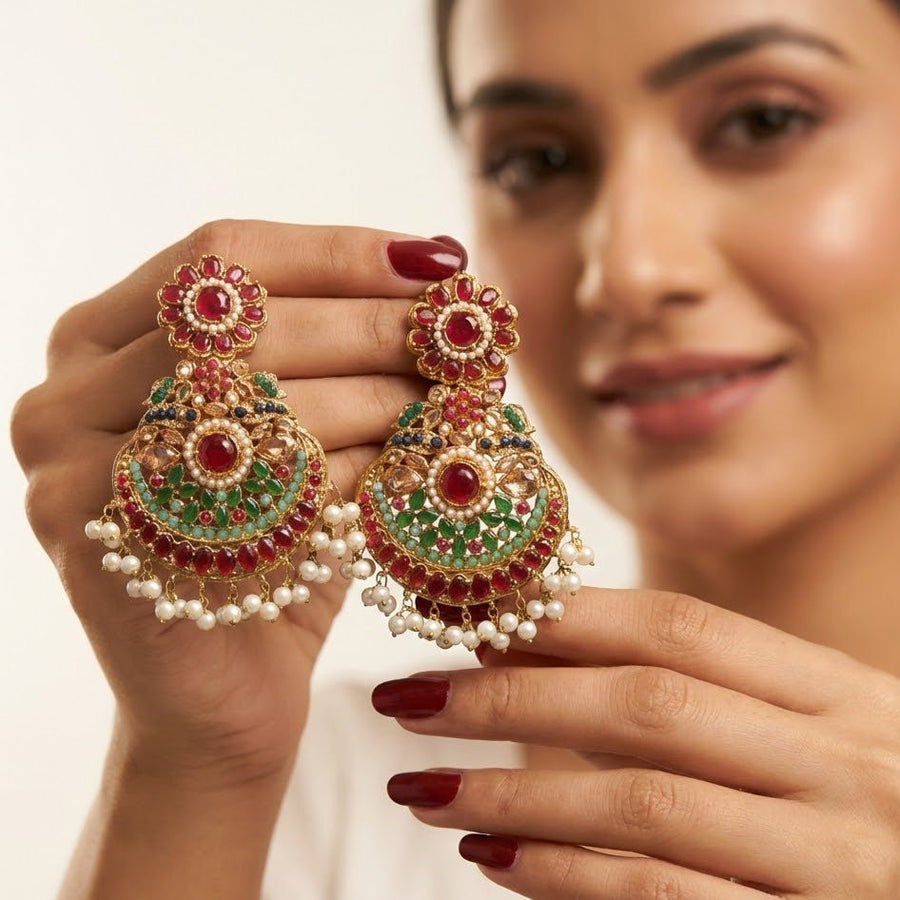Lavish Nauratan Earrings - Premium 9 - Stone Statement Jewelry - Pehnaawaa