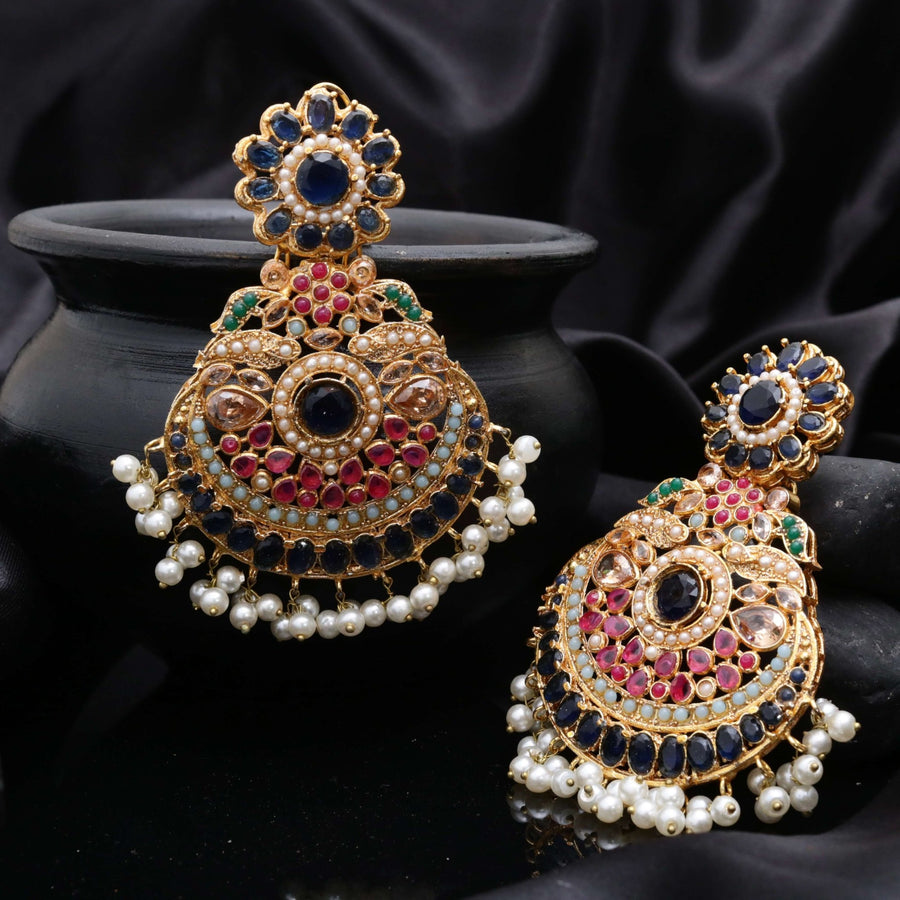 Lavish Nauratan Earrings - Premium 9 - Stone Statement Jewelry - Pehnaawaa