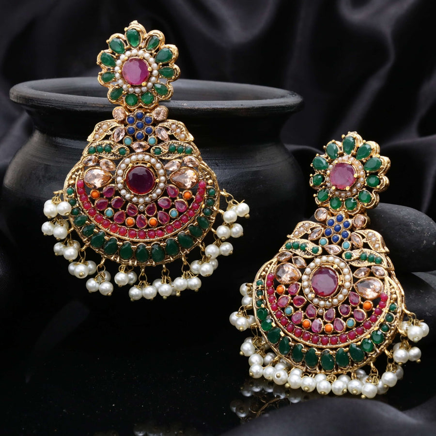 Lavish Nauratan Earrings - Premium 9 - Stone Statement Jewelry - Pehnaawaa