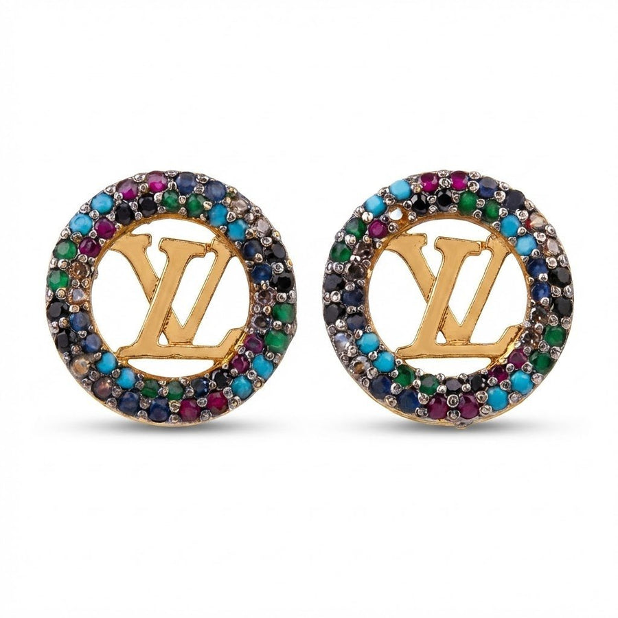 Pair of round earrings with gold logo and multicolor stones displayed against a white background