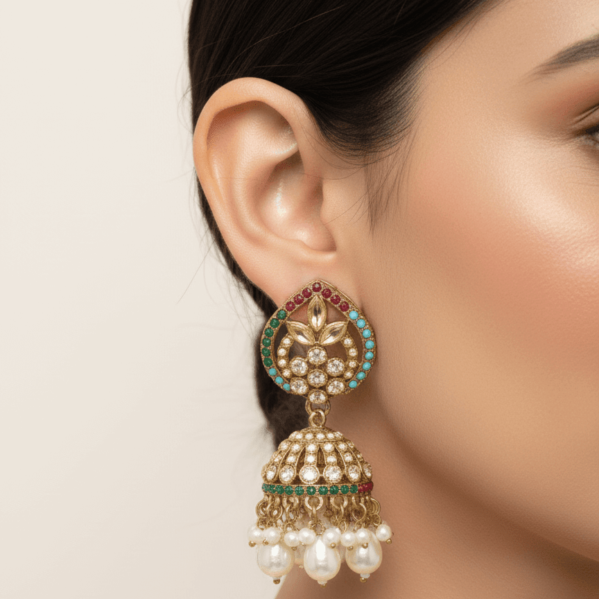 Woman wearing Majesty Pearl Drop earring showcasing detailed floral design with stones and dangling pearls