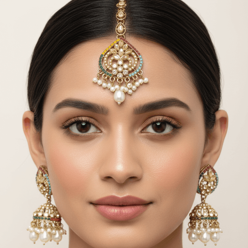 Front view of woman wearing Majesty Pearl Drop earrings and maang tikka, highlighting intricate design and pearl embellishments