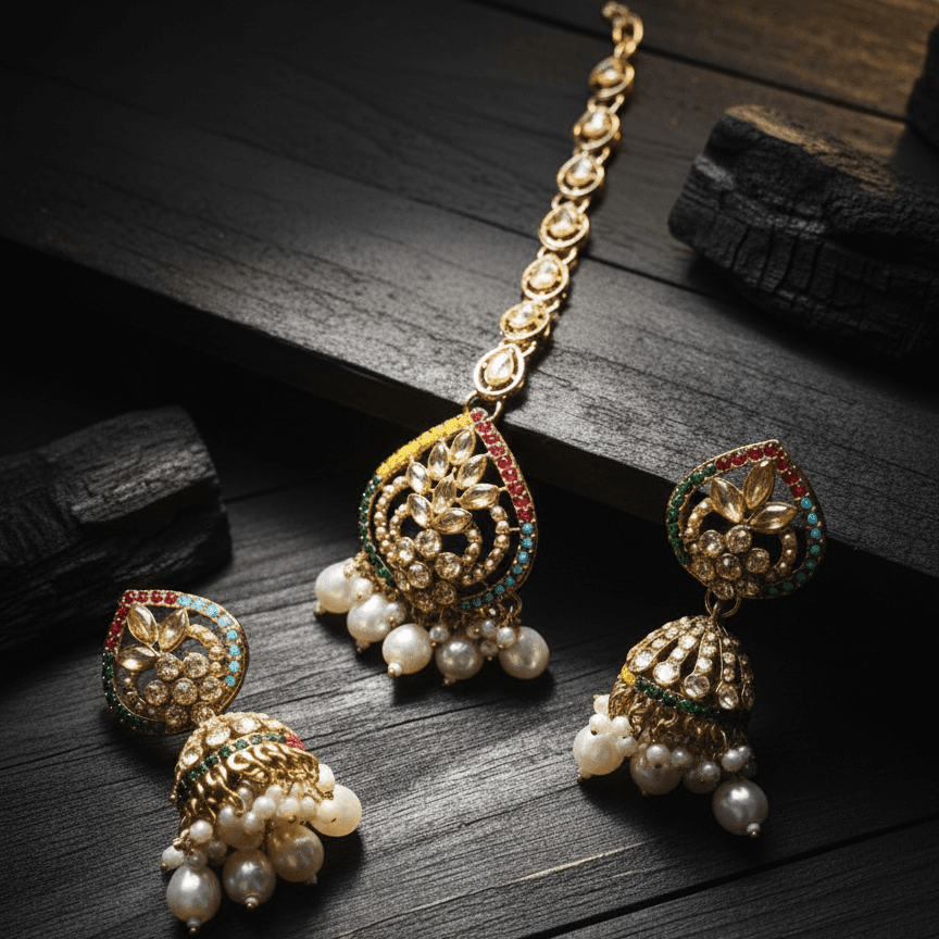 Close-up of Majesty Pearl Drop earrings and matching maang tikka with multicolored stones and pearl accents on dark wood surface
