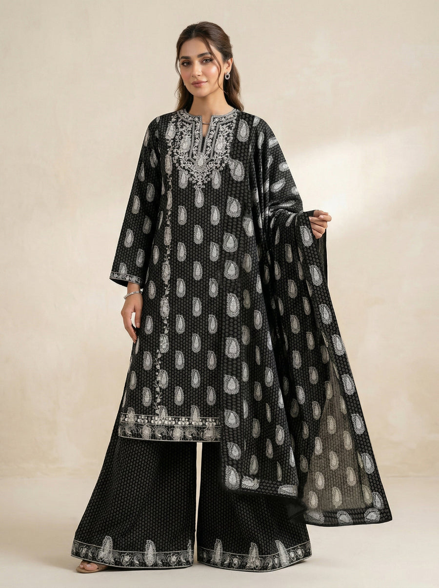 Black Chikankari Embroidered Lawn Suit with Dupatta – 3PC Dress