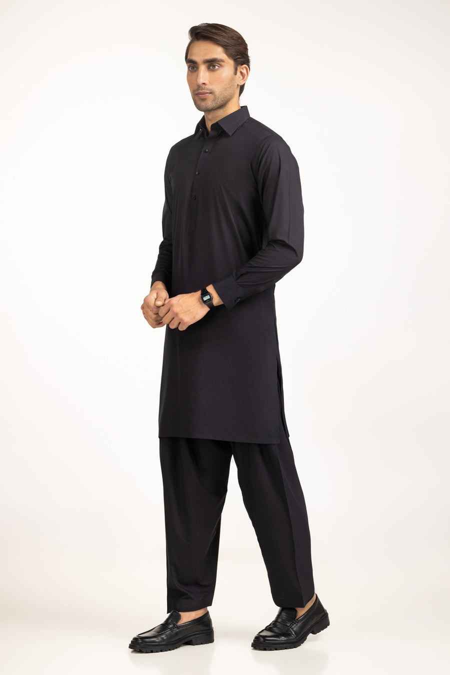 Midnight Navy Silk Cotton 2-Piece Men's Kurta | Polo Collar