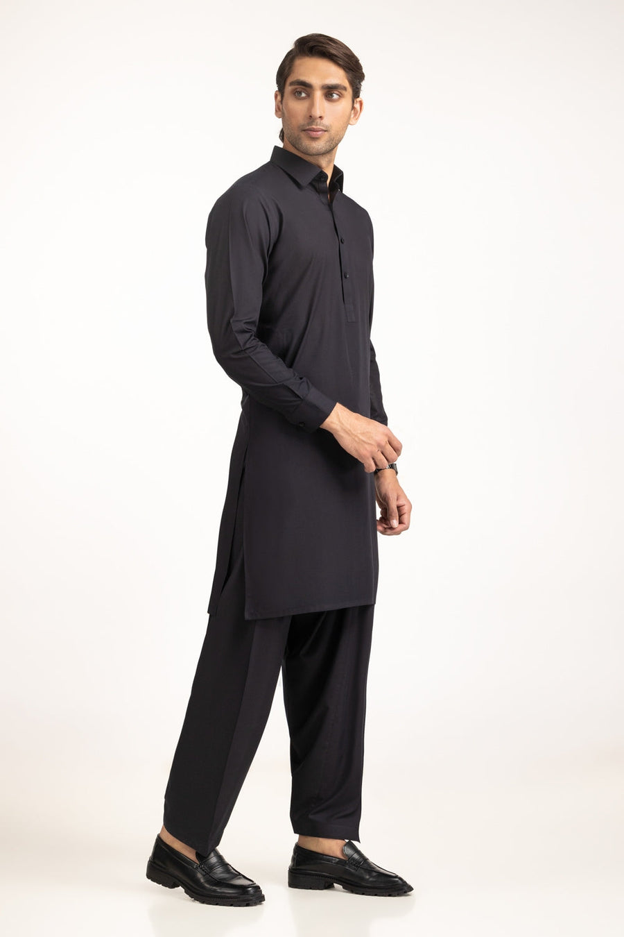 Midnight Navy Silk Cotton 2-Piece Men's Kurta | Polo Collar