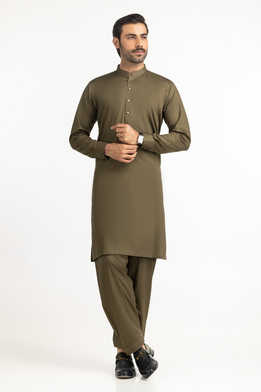 Sage Green Cashmere Silk 2-Piece Kurta | Mandarin Collar