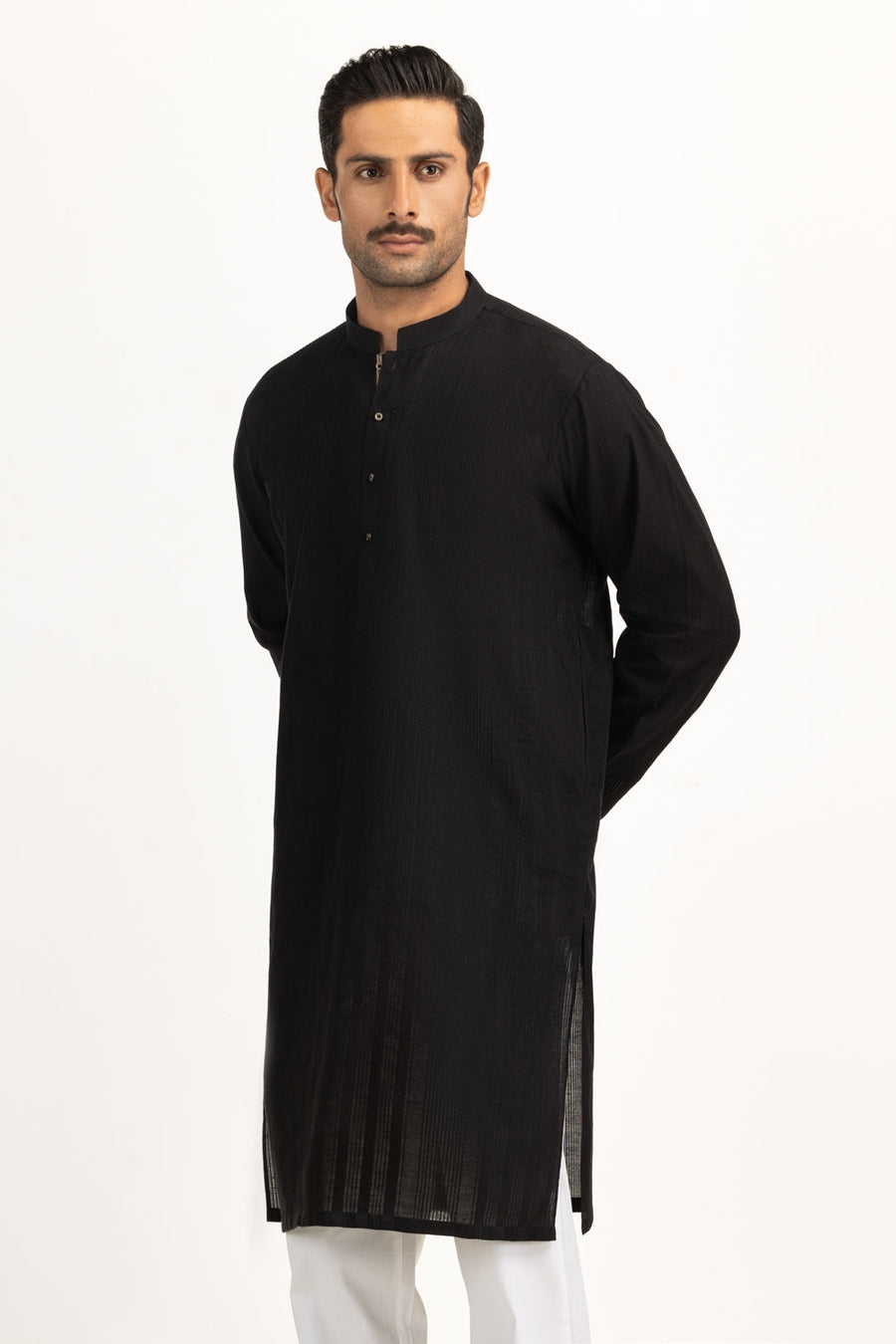 Midnight Black Mulberry Silk 2-Piece Kurta | Henley Neckline