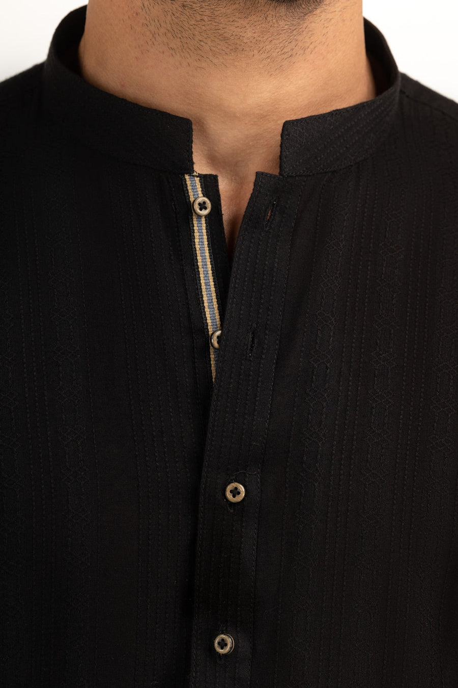 Midnight Black Mulberry Silk 2-Piece Kurta | Henley Neckline