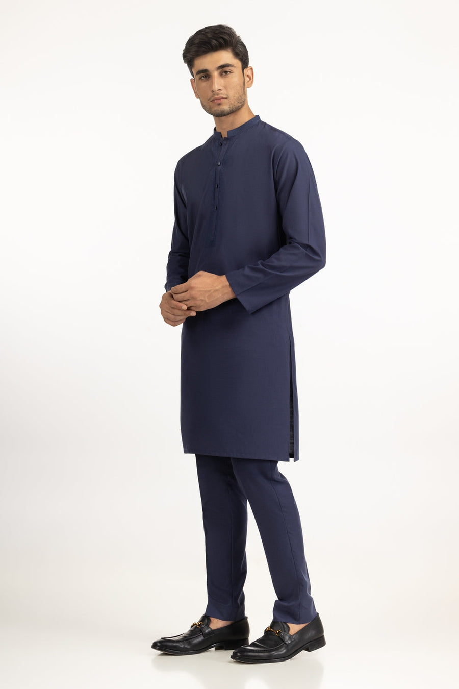 Midnight Navy Cotton 2-Piece Kurta Pajama | Mandarin Collar