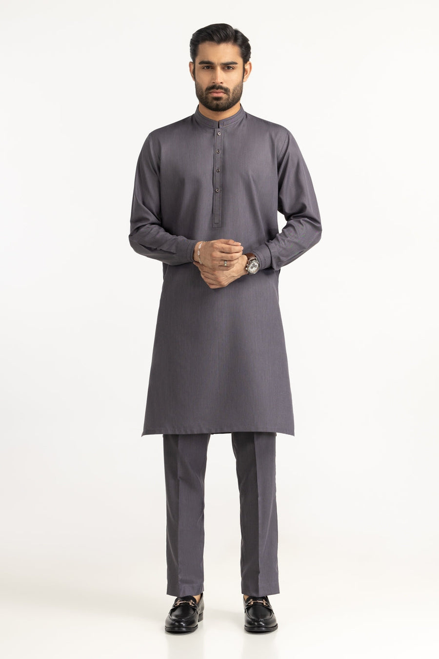 Slate Grey Blended Fabric Men's Kurta | Mandarin Collar