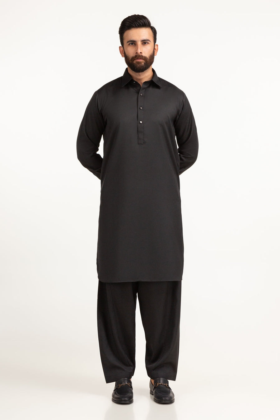 Midnight Cotton Kurta 2-Piece | Classic Collar Half-Button