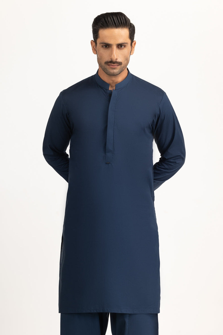 Midnight Navy Mulberry Silk 2-Piece Kurta | Mandarin Collar