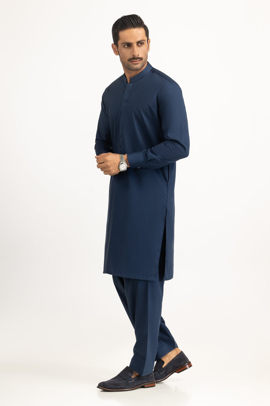 Midnight Navy Mulberry Silk 2-Piece Kurta | Mandarin Collar