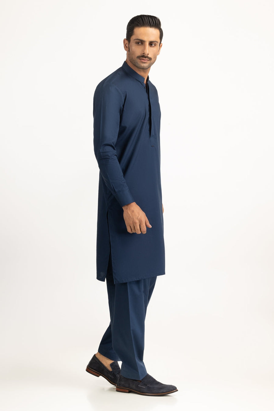 Midnight Navy Mulberry Silk 2-Piece Kurta | Mandarin Collar
