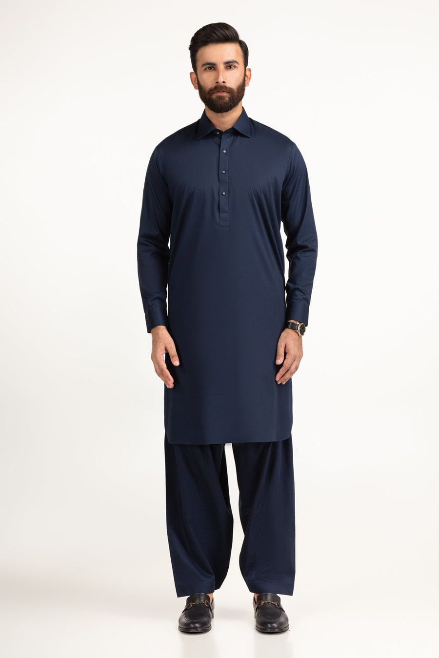 Midnight Navy Cotton 3-Piece Kurta | Tailored Collar