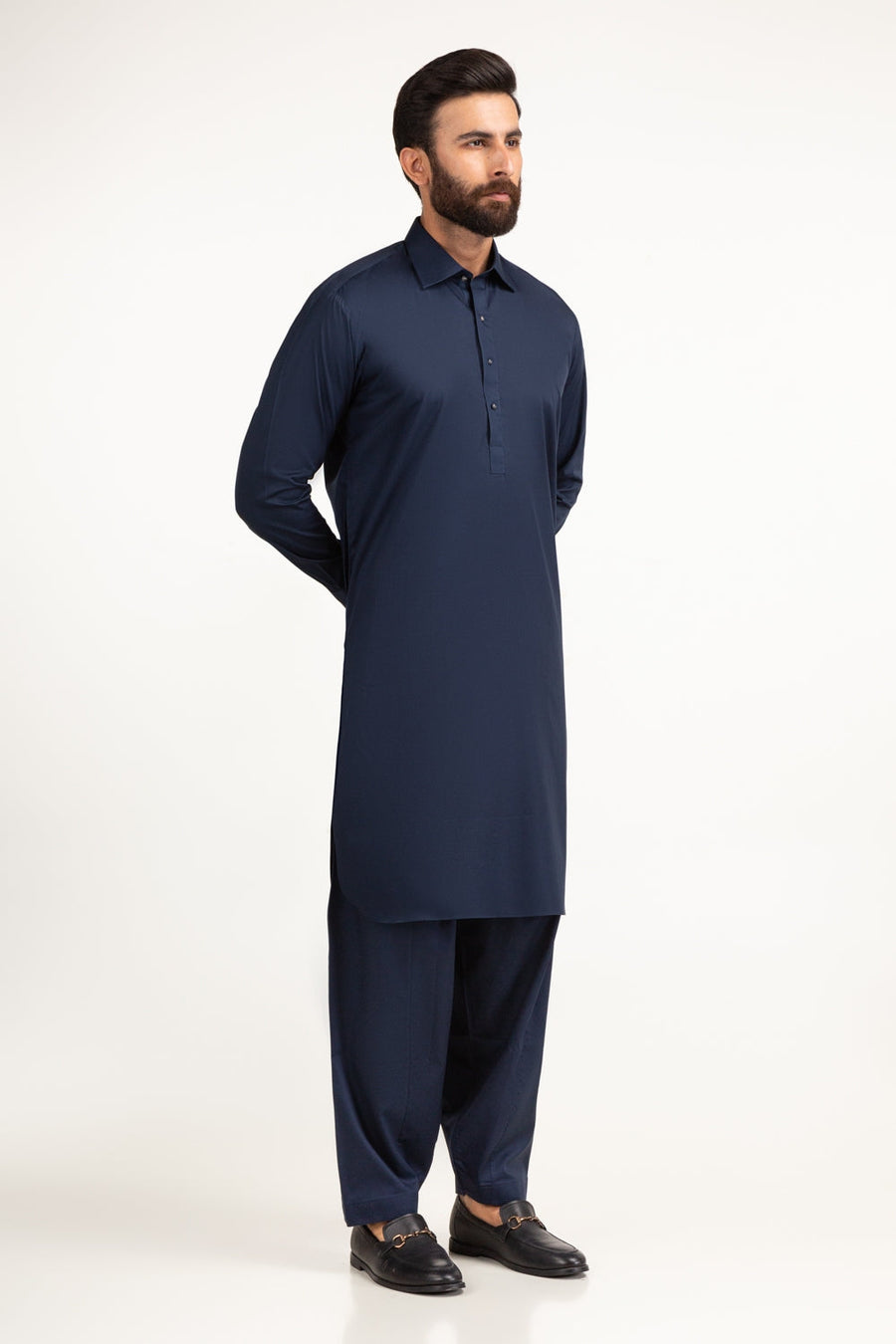 Midnight Navy Cotton 3-Piece Kurta | Tailored Collar