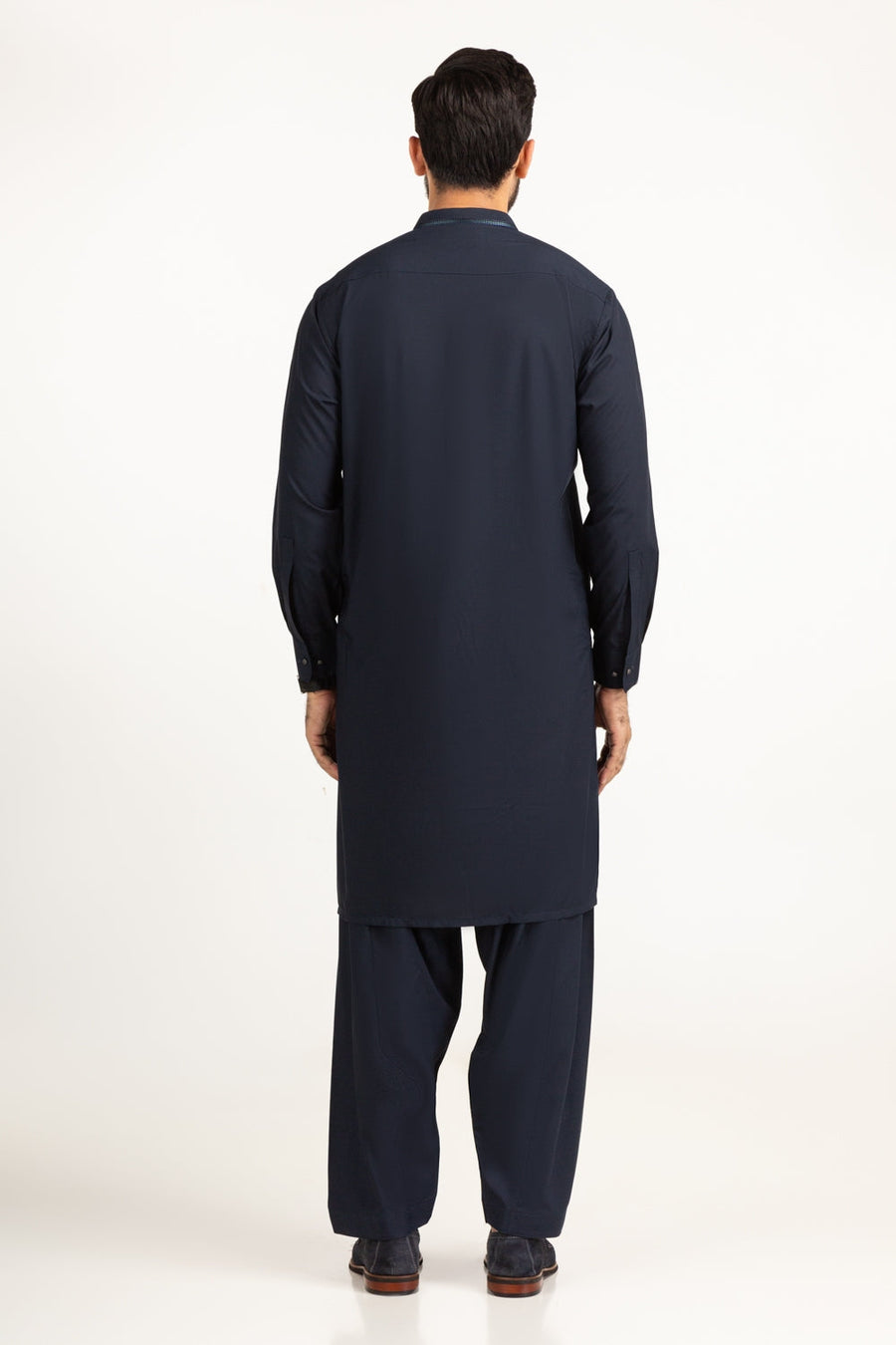 Midnight Navy Silk 3-Piece Kurta | Embroidered Henley Placket