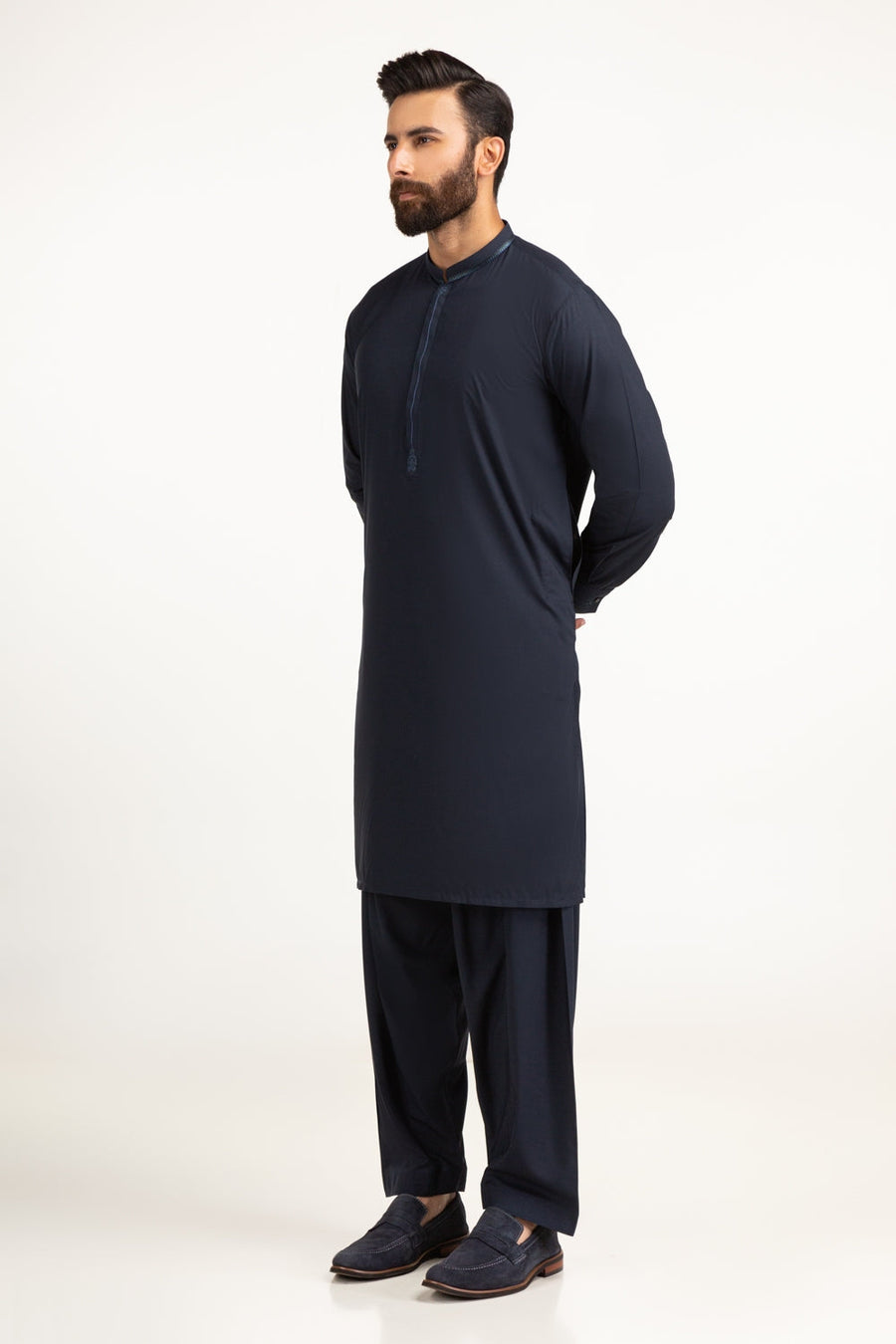 Midnight Navy Silk 3-Piece Kurta | Embroidered Henley Placket