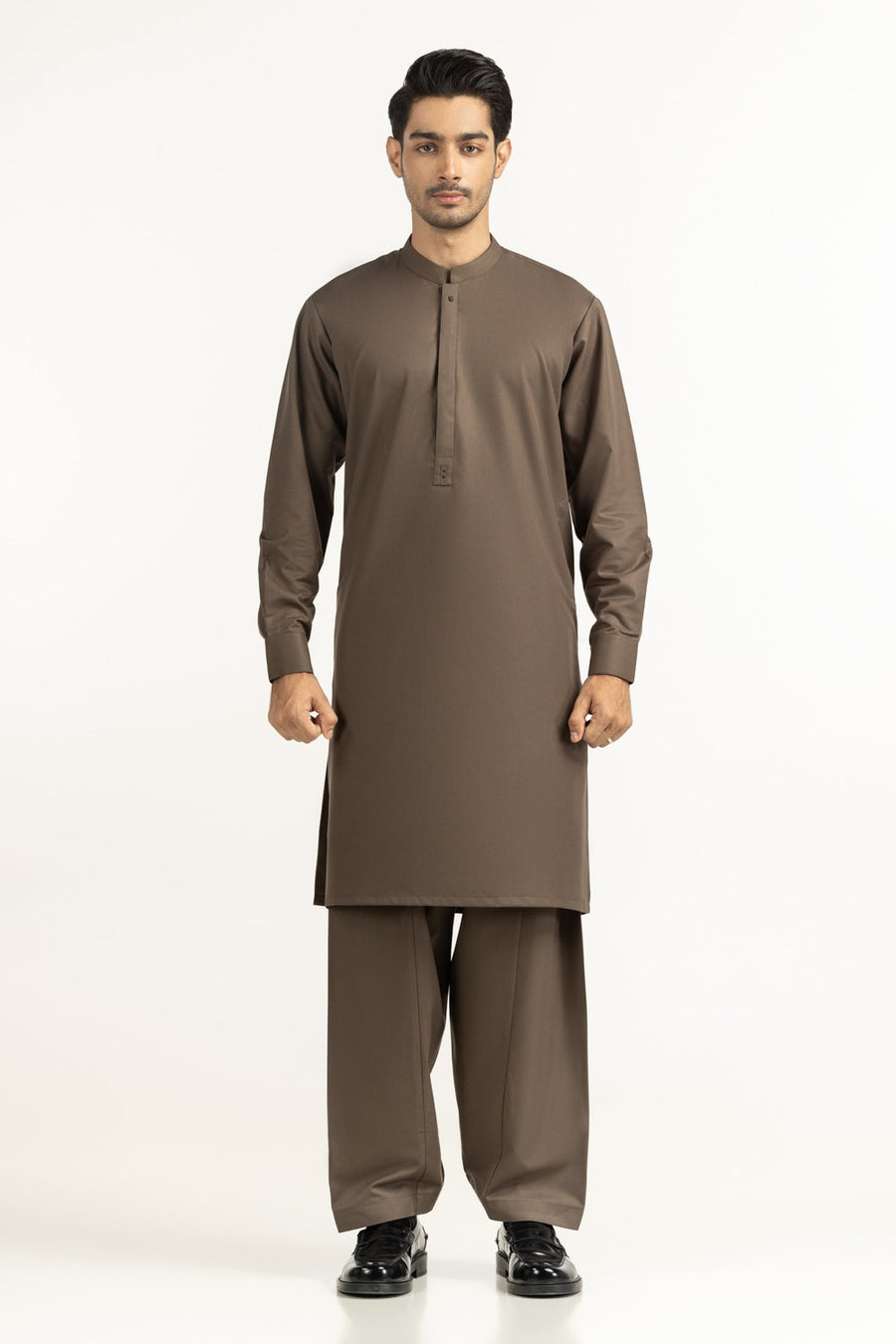 Chocolate Brown Cotton Lawn 2-Piece Kurta | Henley Neckline