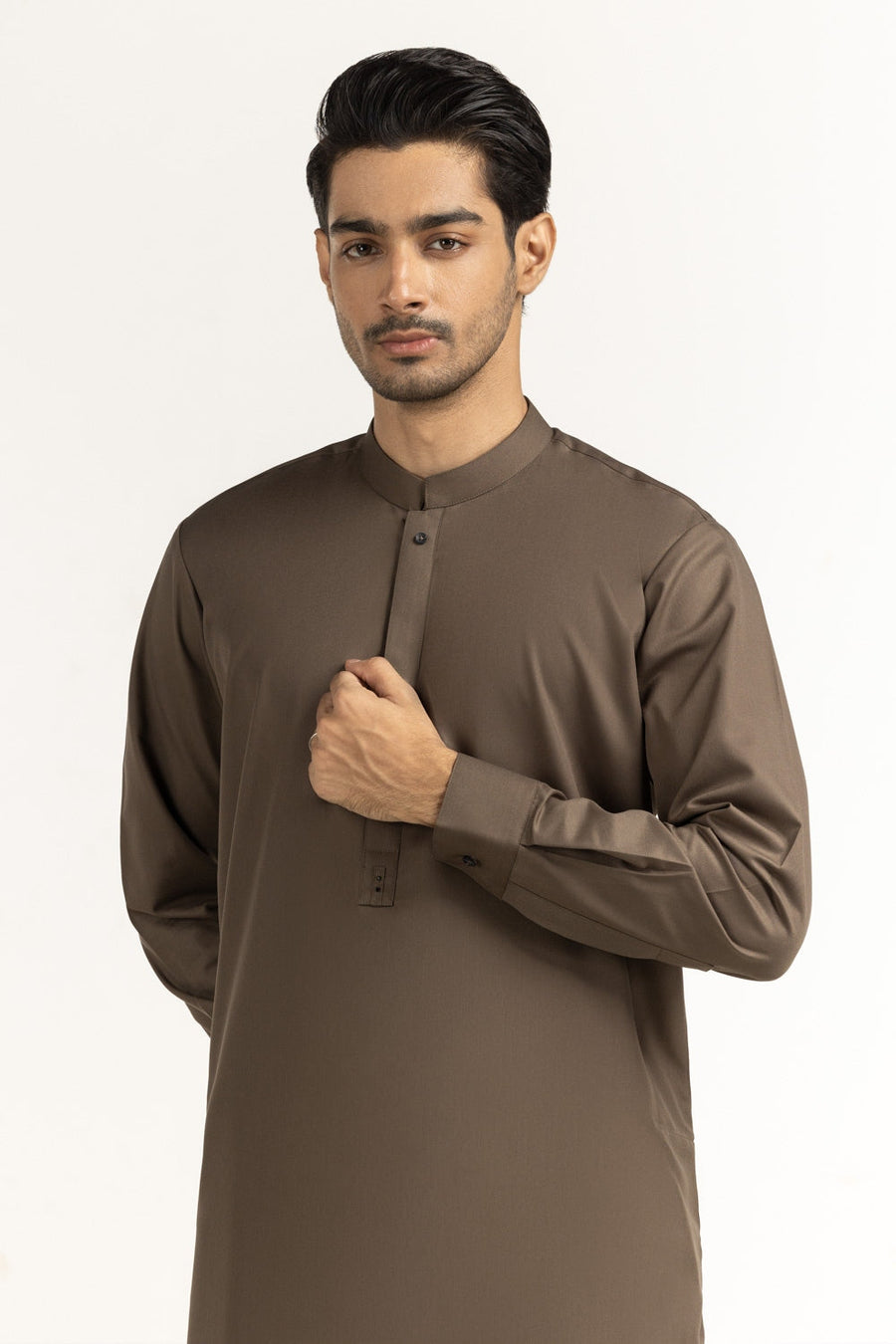 Chocolate Brown Cotton Lawn 2-Piece Kurta | Henley Neckline