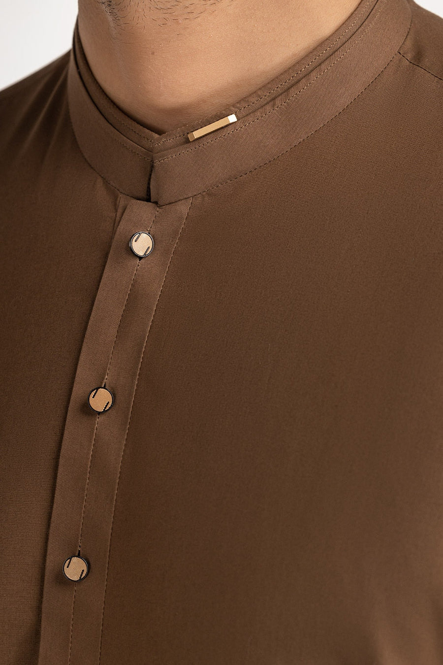 Chocolate Brown Silk 2-Piece Kurta | Mandarin Collar