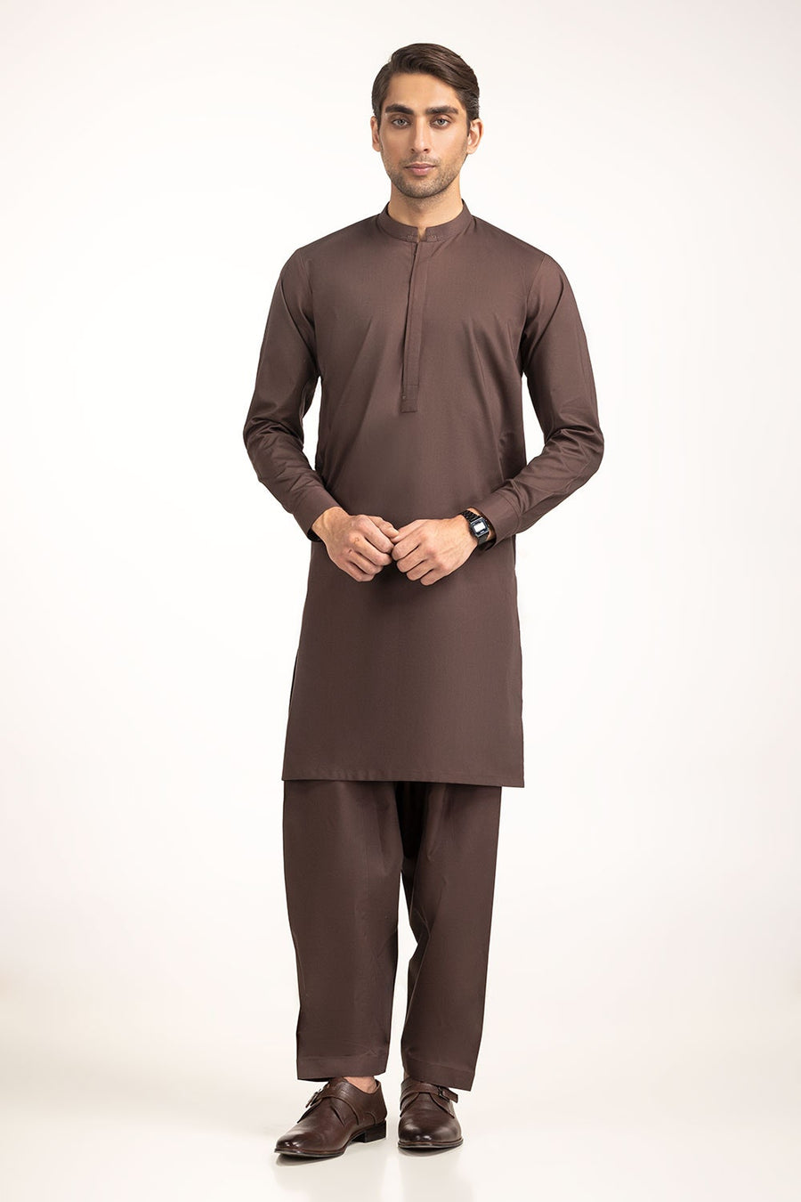 Chocolate Brown Mulberry Silk 2-Piece Kurta | Henley Neckline