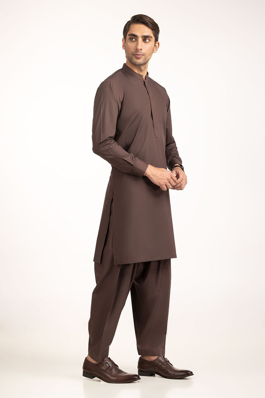 Chocolate Brown Mulberry Silk 2-Piece Kurta | Henley Neckline